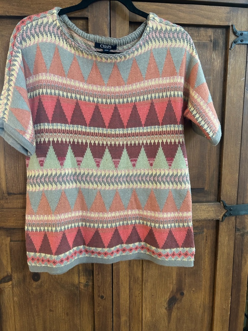 Chaps Vintage Knit Pullover with Coral, Mint and Gray Geometric Pattern